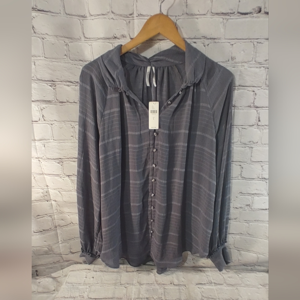 Feather Bone Anthropologie Puff Sleeve Blouse Marietta High Neck Top L Romantic